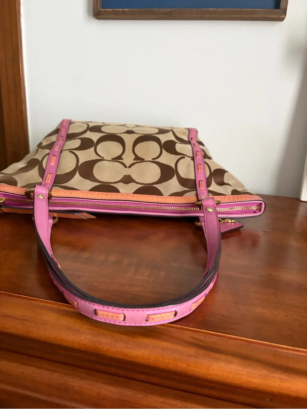 Coach Brown Signature Canvas Tote with Pink Trim Tattersall Lining *READ*